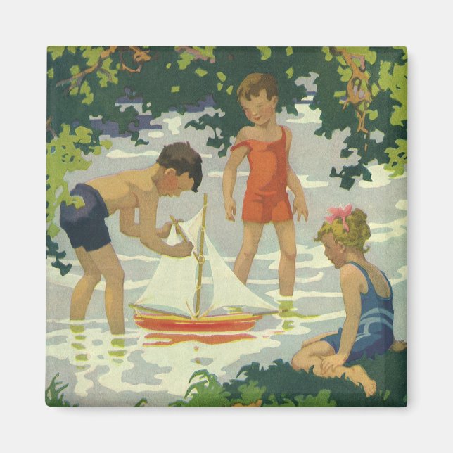 Vintage Children Playing Toy Sailboats Summer Pond Magnet (Front)