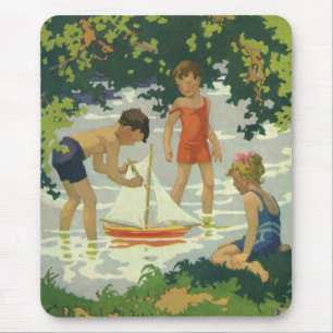 Vintage Children Playing Toy Sailboats Summer Pond Mouse Mat