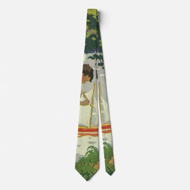 Vintage Children Playing Toy Sailboats Summer Pond Tie (Front)
