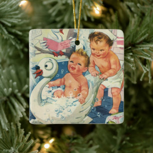 Vintage Children Playing w Bubbles in Swan Bathtub Ceramic Ornament