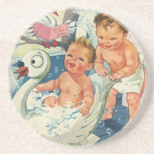 Vintage Children Playing w Bubbles in Swan Bathtub Coaster