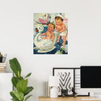 Vintage Children Playing w Bubbles in Swan Bathtub