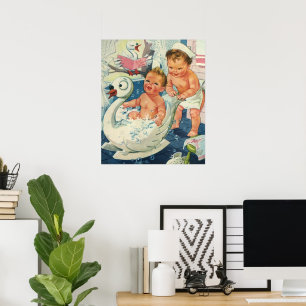 Vintage Children Playing w Bubbles in Swan Bathtub Poster