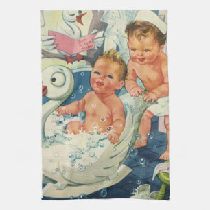 Vintage Children Playing w Bubbles in Swan Bathtub Tea Towel