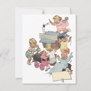 Vintage Children Playing w Toy Trains Invitation