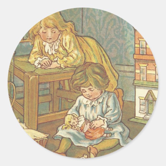 Vintage Children Playing With Dolls Classic Round Sticker (Front)