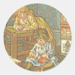 Vintage Children Playing With Dolls Classic Round Sticker