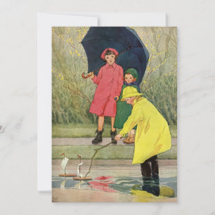 Vintage Children Puddles Boats Rain Birthday Party Invitation