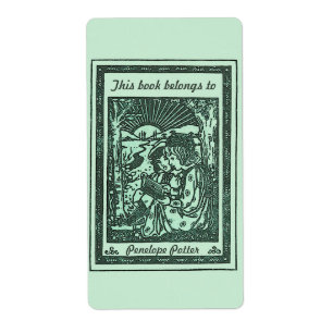 Vintage Children Reading Bookplate in Mint Green