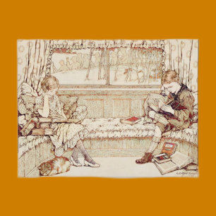 Vintage Children Reading cosy Illustration  Invitation Postcard