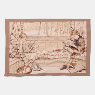 Vintage Children Reading cozy Illustration  Tea Towel