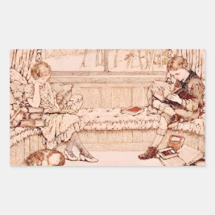 Vintage Children Reading Illustration Rectangular Sticker