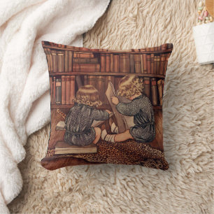 Vintage Children Reading in Library Illustration Cushion