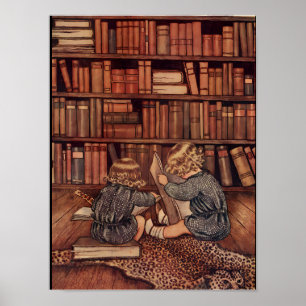Vintage Children Reading in Library Illustration Poster