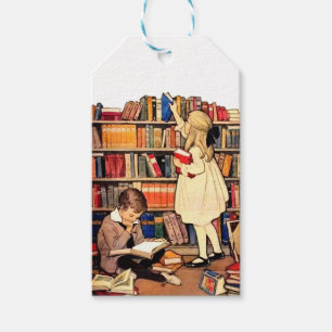 Vintage Children Reading Library Books Gift Tags