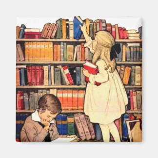 Vintage Children Reading Library Books Magnet