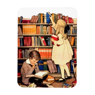 Vintage Children Reading Library Books Magnet