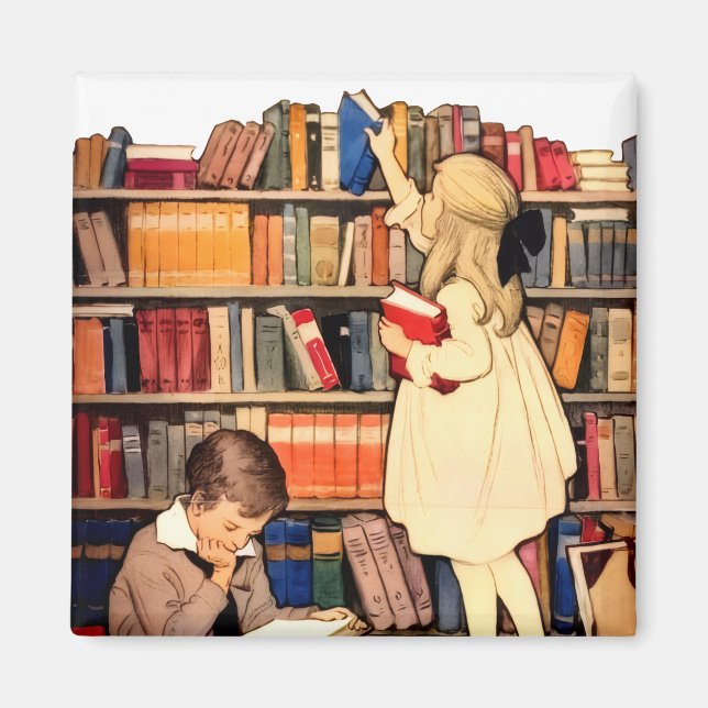 Vintage Children Reading Library Books Magnet (Front)