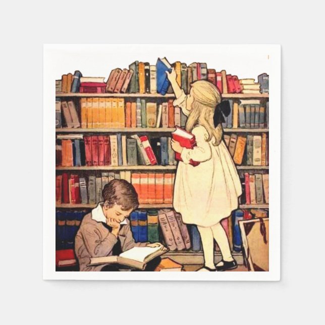 Vintage Children Reading Library Books Napkins (Front)