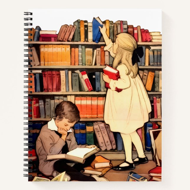Vintage Children Reading Library Books Notebook (Front)