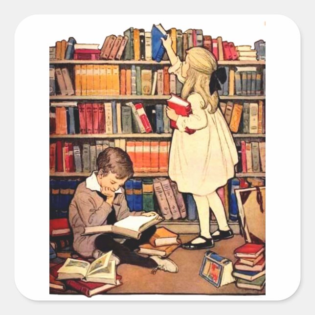 Vintage Children Reading Library Books Stickers (Front)