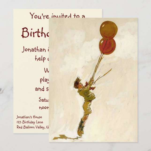 Vintage Children, Red Ballon Boy Birthday Party Invitation (Front/Back)