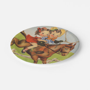 Vintage Children Riding a Horse Playing Cowboys Paper Plate