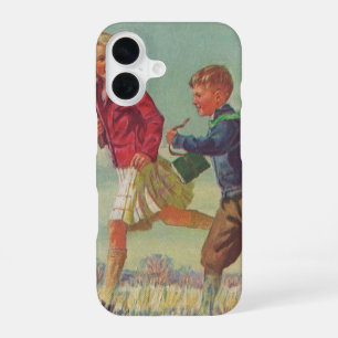 Vintage Children Running to School Carrying Books iPhone 16 Case
