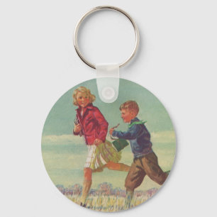 Vintage Children Running to School Carrying Books Key Ring