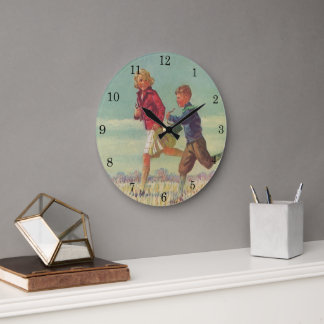 Vintage Children Running to School Carrying Books Large Clock