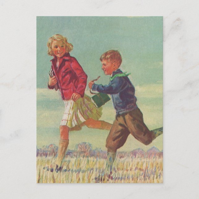 Vintage Children Running to School Carrying Books Postcard (Front)