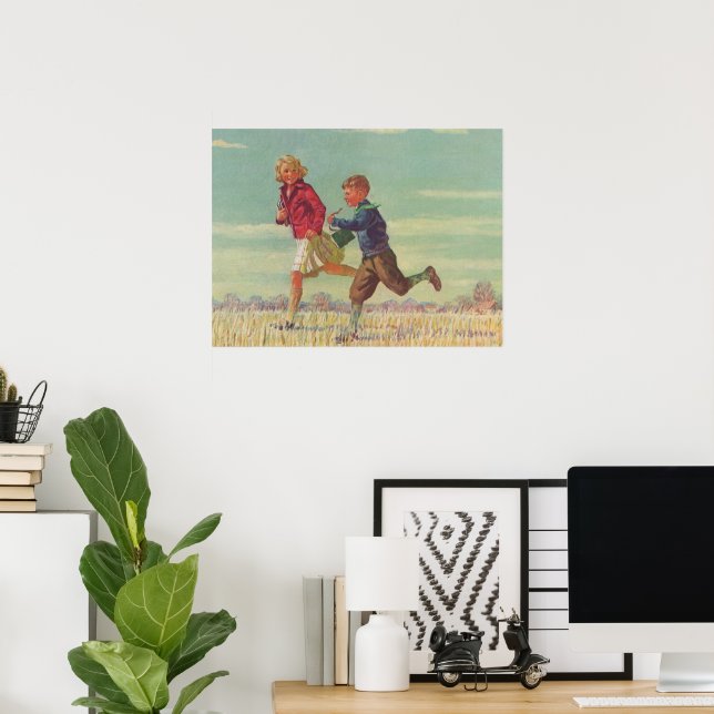 Vintage Children Running to School Carrying Books Poster (Home Office)