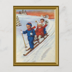 Vintage children skiing holiday postcard