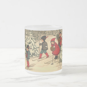 Vintage Children Skiing Through a Snowy Forest Frosted Glass Coffee Mug
