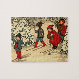 Vintage Children Skiing Through a Snowy Forest Jigsaw Puzzle