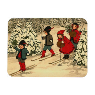 Vintage Children Skiing Through a Snowy Forest Magnet