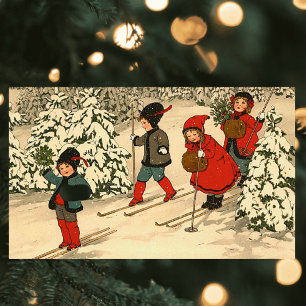 Vintage Children Skiing Through a Snowy Forest Rectangular Sticker
