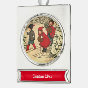 Vintage Children Skiing Through a Snowy Forest  Silver Plated Banner Ornament