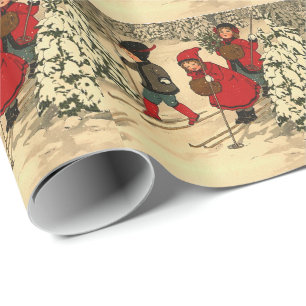 Vintage Children Skiing Wrapping Paper