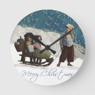 Vintage Children Sledding Artwork painting drawing Round Clock