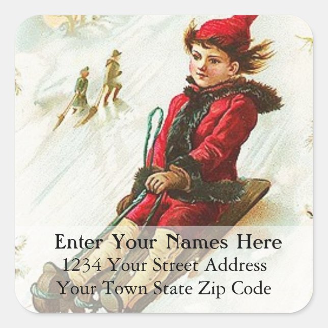 Vintage Children Sledding Christmas Address Label (Front)