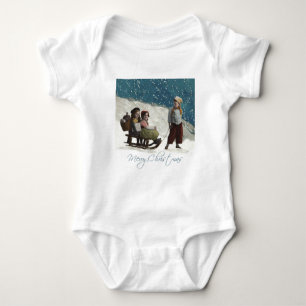 Vintage Children Sledding Christmas Winter Baby Bodysuit