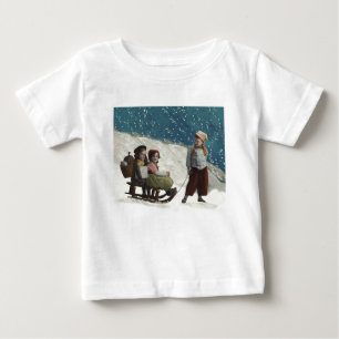 Vintage Children Sledding Christmas Winter Baby T-Shirt