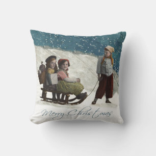 Vintage Children Sledding Christmas Winter Cushion