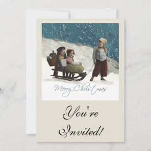 Vintage Children Sledding Christmas Winter Invitation