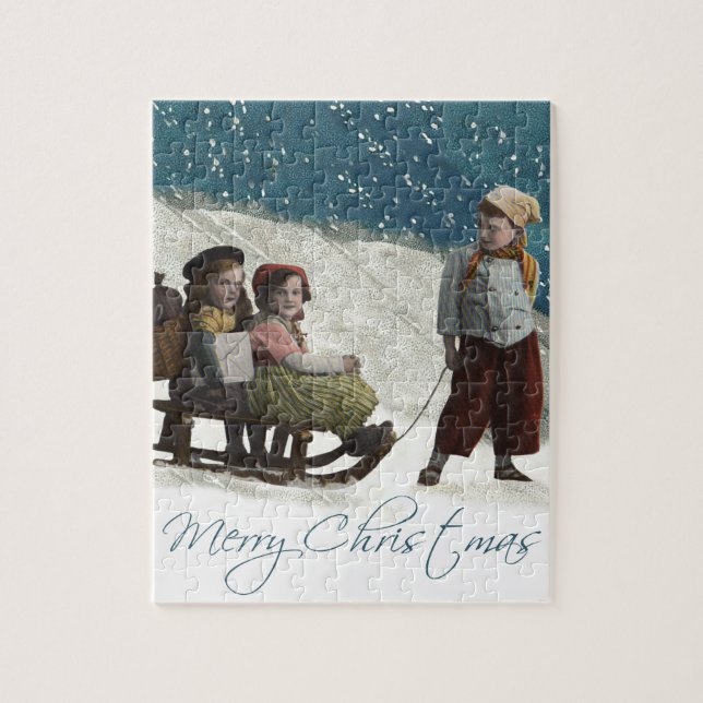 Vintage Children Sledding Christmas Winter Jigsaw Puzzle (Vertical)
