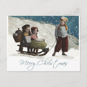 Vintage Children Sledding Christmas Winter Postcard
