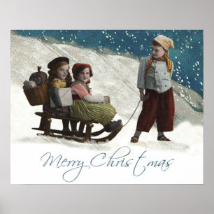 Vintage Children Sledding Christmas Winter Poster