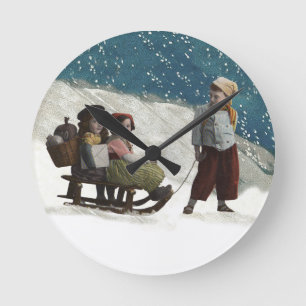 Vintage Children Sledding Christmas Winter Round Clock