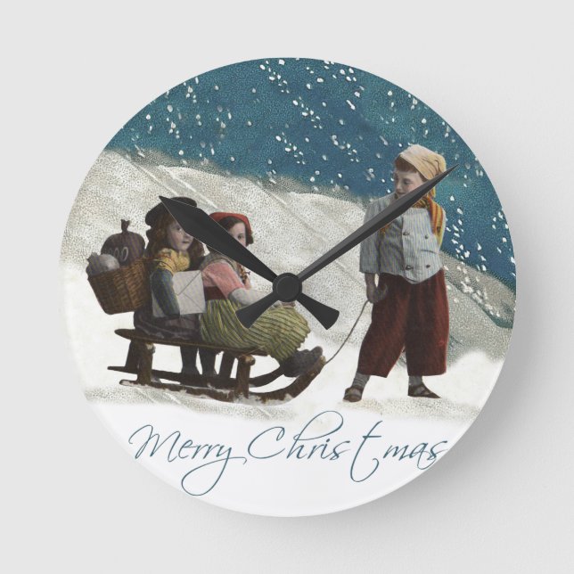 Vintage Children Sledding Christmas Winter Round Clock (Front)